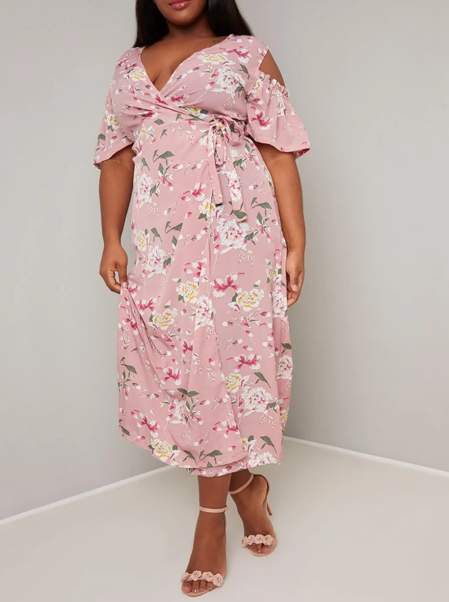 Plus Size Floral Wrap Detail Midi Dress in Pink sold by Chi Chi London product image thumbnail 3