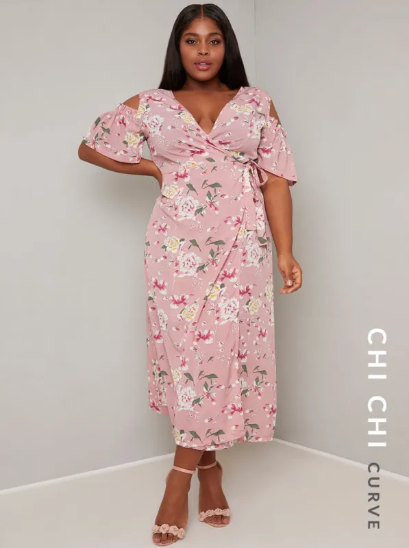 Plus Size Floral Wrap Detail Midi Dress in Pink sold by Chi Chi London