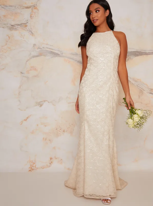 Petite Bridal Halter Embellished Wedding Dress in Ivory sold by Chi Chi London