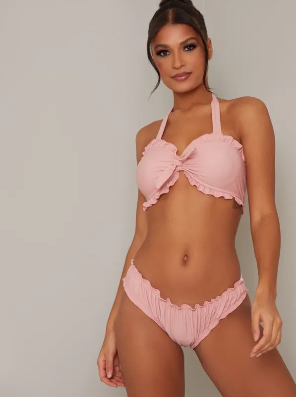 Low Rise Frill Detail Bikini Bottoms in Pink sold by Chi Chi London