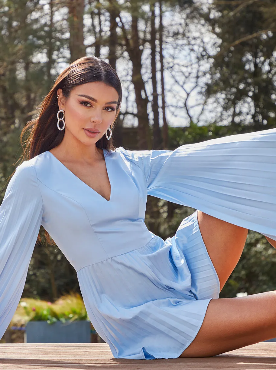 Long Sleeve V Neck Pleated Playsuit in Blue sold by Chi Chi London product image thumbnail 3