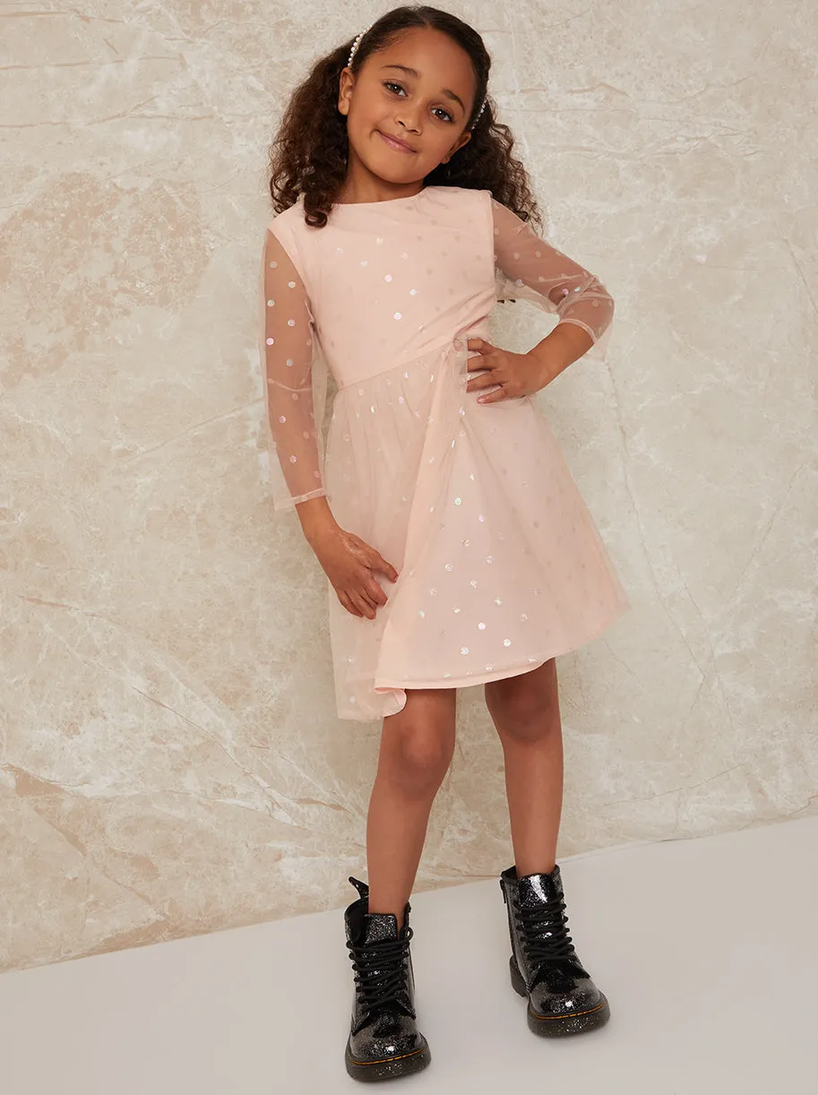 Girls Long Sleeve Polka Dot Mesh Midi Dress in Pink sold by Chi Chi London