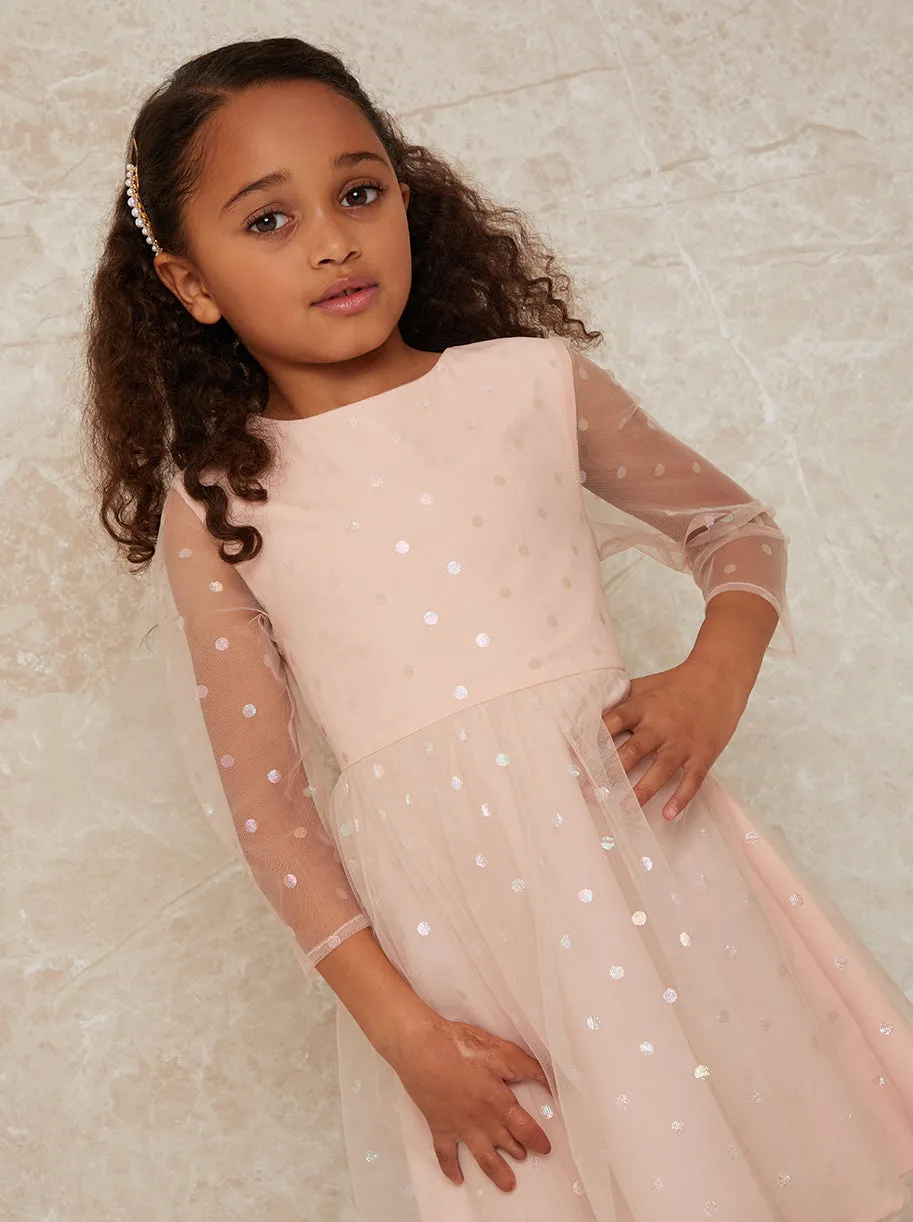 Girls Long Sleeve Polka Dot Mesh Midi Dress in Pink sold by Chi Chi London product image thumbnail 2