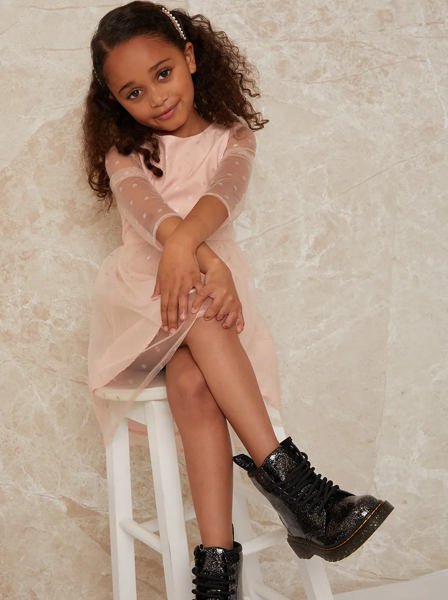 Girls Long Sleeve Polka Dot Mesh Midi Dress in Pink sold by Chi Chi London product image thumbnail 4
