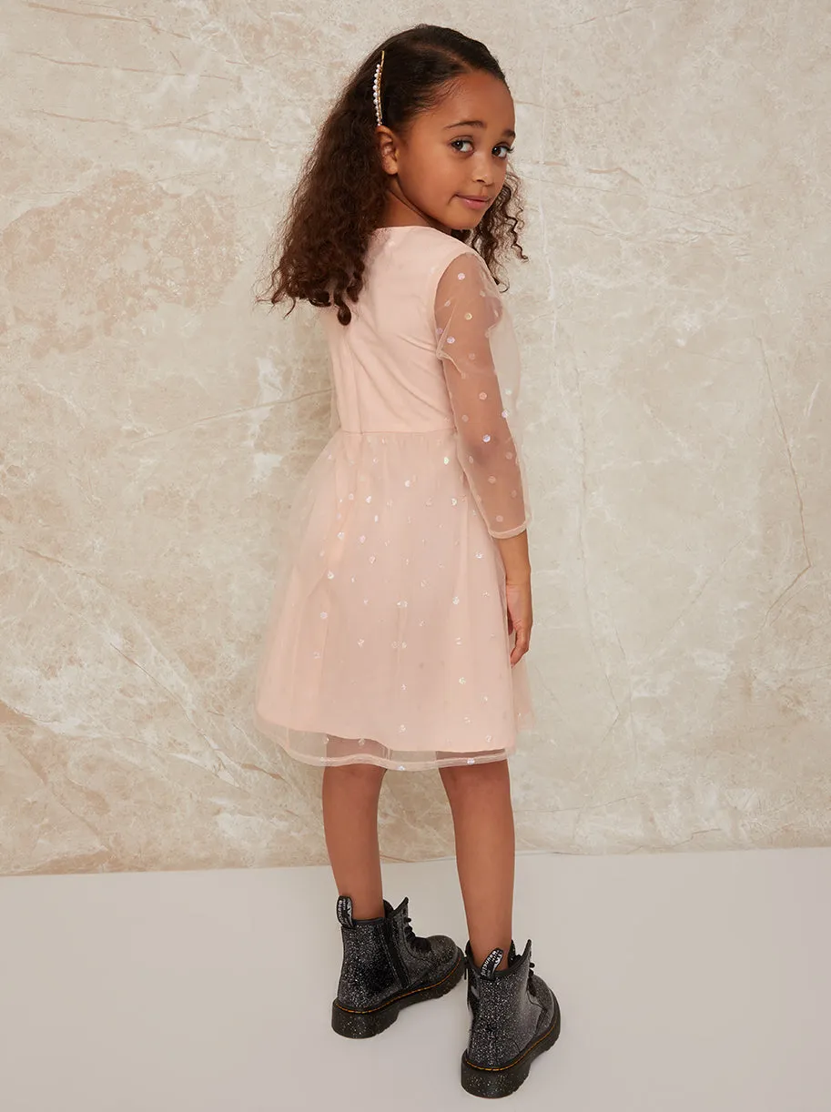 Girls Long Sleeve Polka Dot Mesh Midi Dress in Pink sold by Chi Chi London product image thumbnail 3