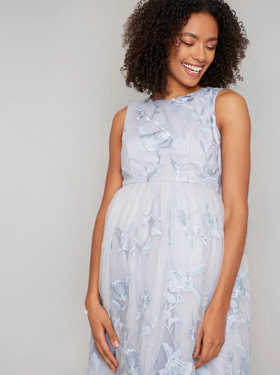 Maternity Emroidered Midi Dress in Grey sold by Chi Chi London