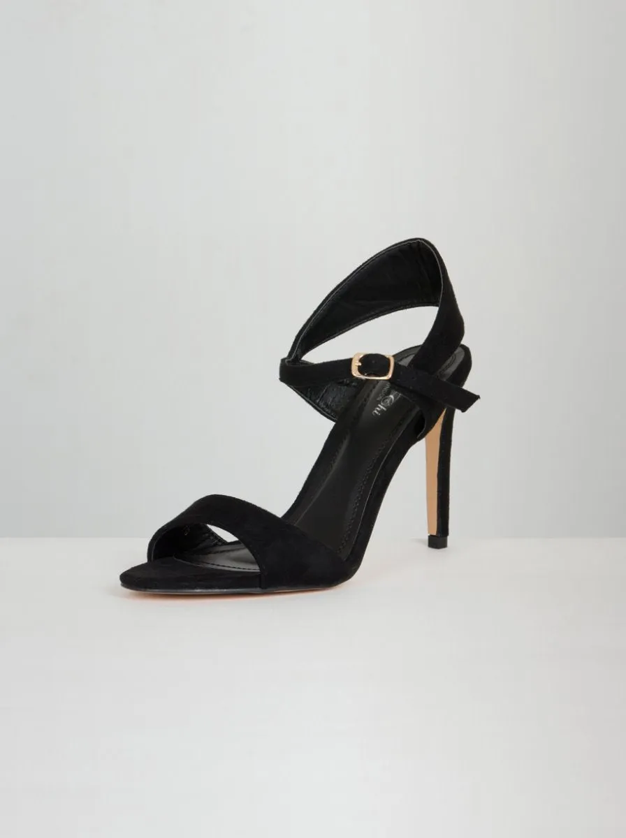 Faux Suede High Heel Strappy Sandal in Black sold by Chi Chi London