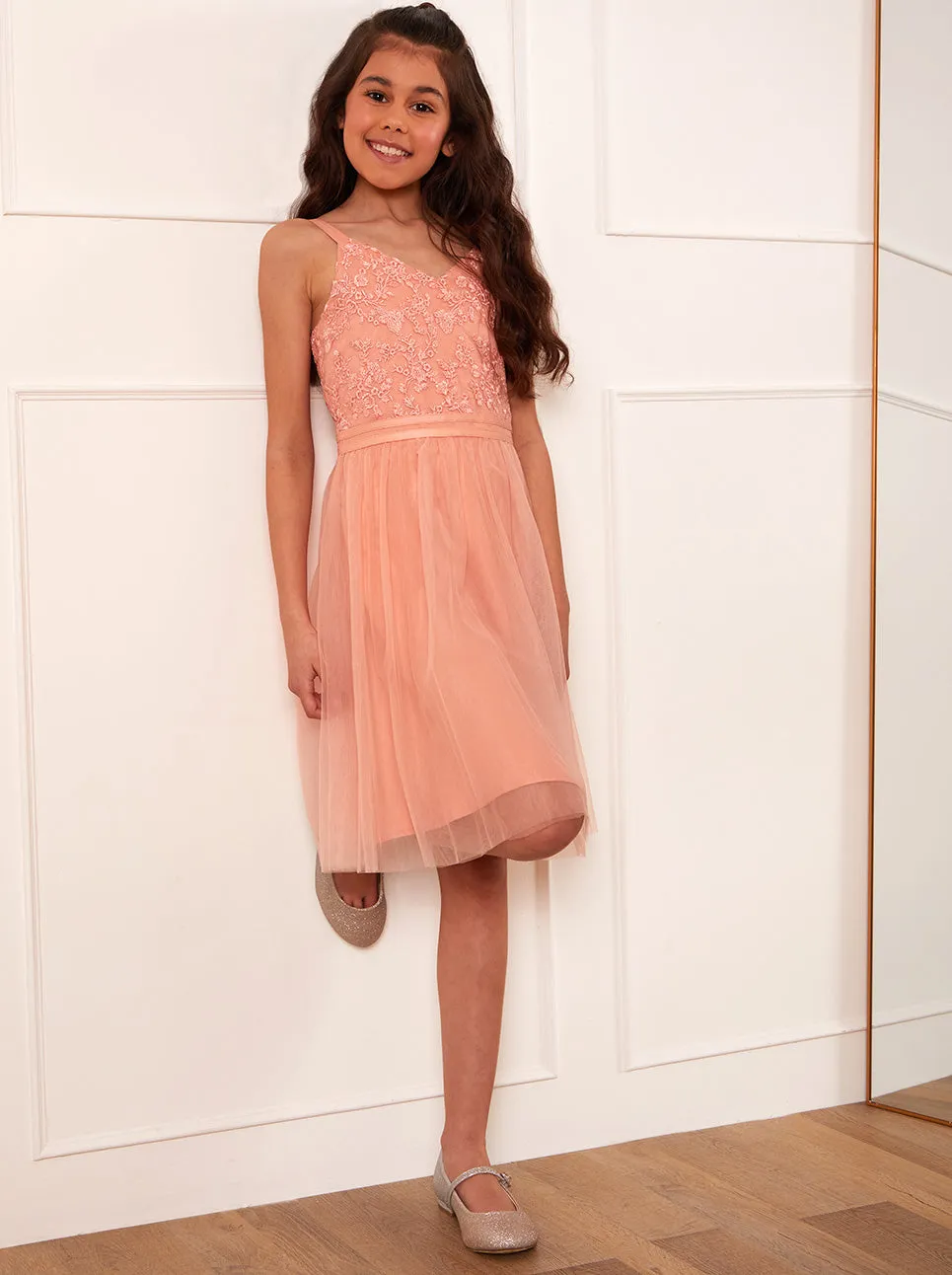 Older Girls Embroidered Lace Tulle Midi Dress in Coral sold by Chi Chi London product image thumbnail 4