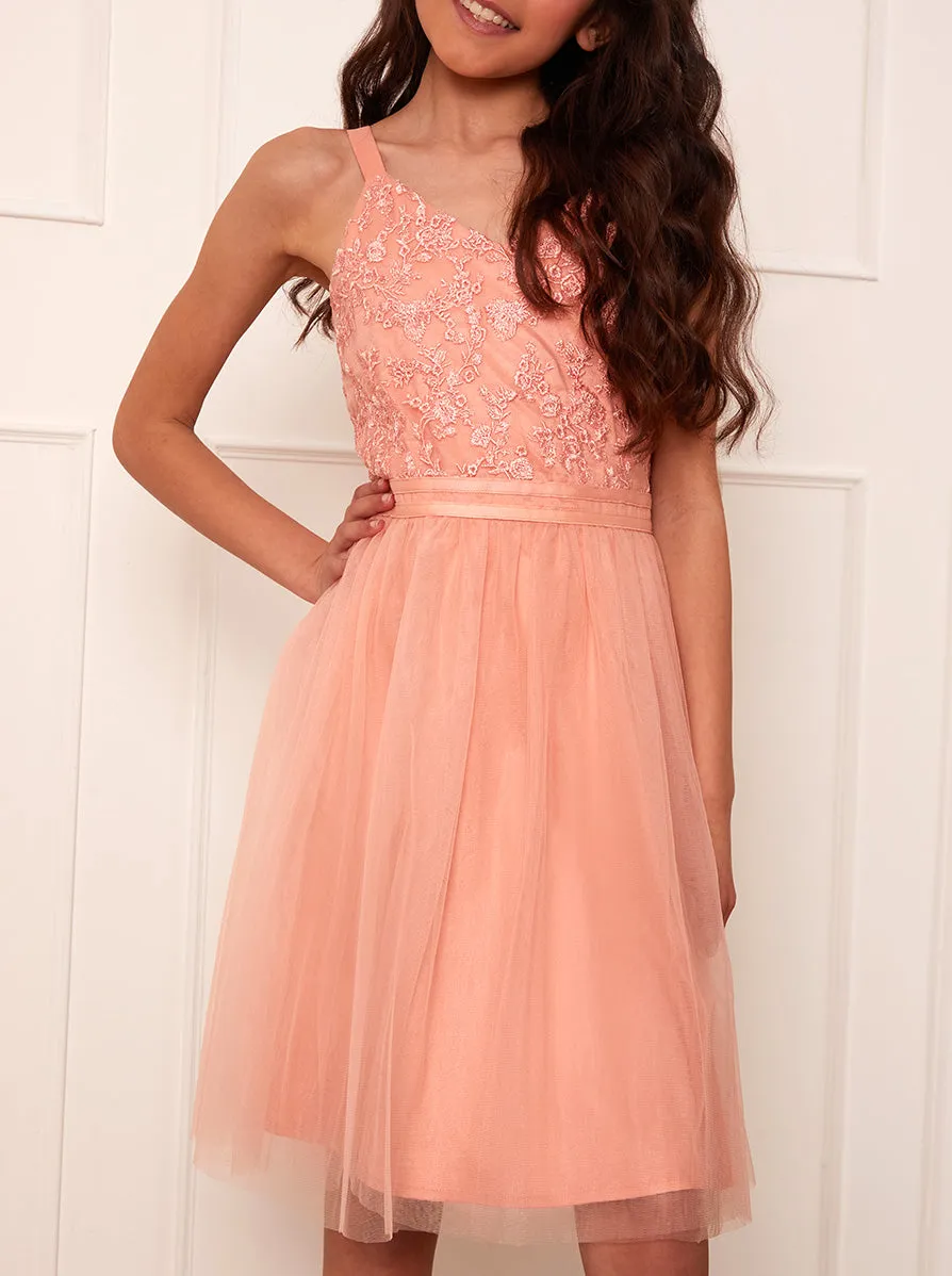 Older Girls Embroidered Lace Tulle Midi Dress in Coral sold by Chi Chi London product image thumbnail 3