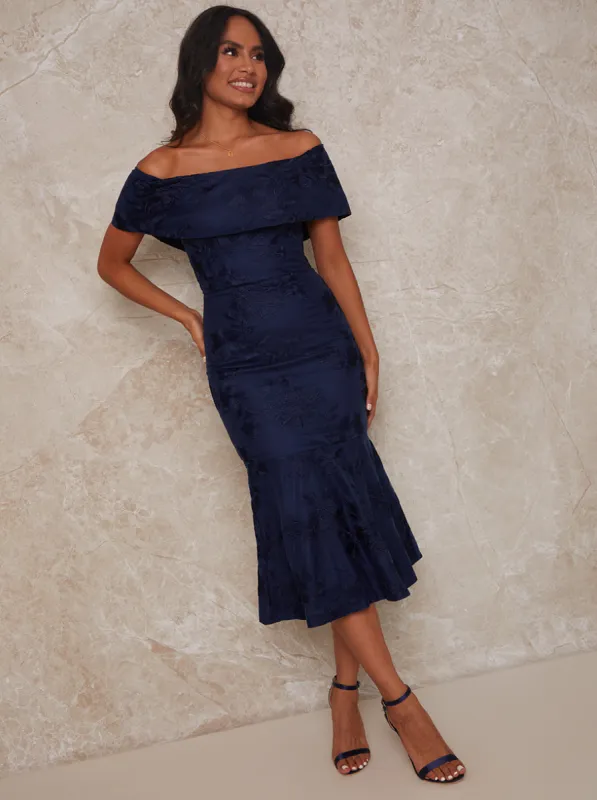 Embroidered Off-Shoulder Flared Hem Midi Dress in Navy sold by Chi Chi London
