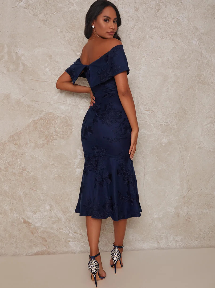 Embroidered Off-Shoulder Flared Hem Midi Dress in Navy sold by Chi Chi London product image thumbnail 2
