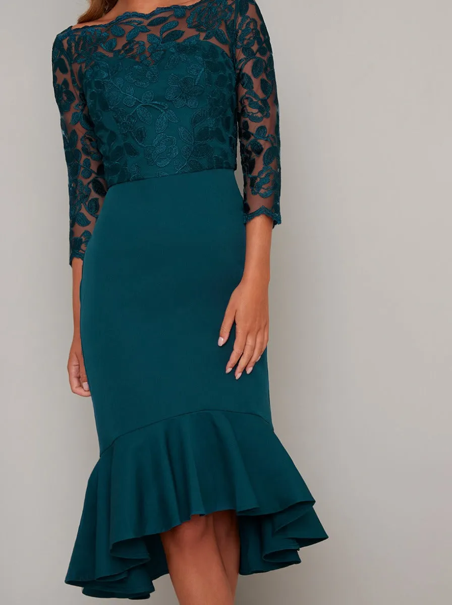 Bodycon Lace Bodice Peplum Hem Midi Dress in Green sold by Chi Chi London product image thumbnail 3