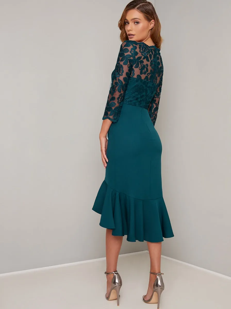 Bodycon Lace Bodice Peplum Hem Midi Dress in Green sold by Chi Chi London product image thumbnail 4