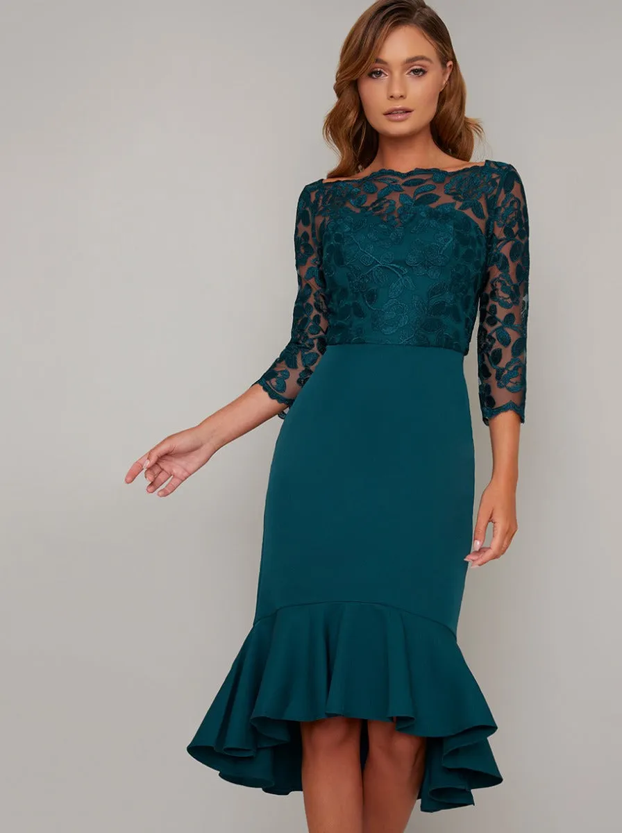 Bodycon Lace Bodice Peplum Hem Midi Dress in Green sold by Chi Chi London