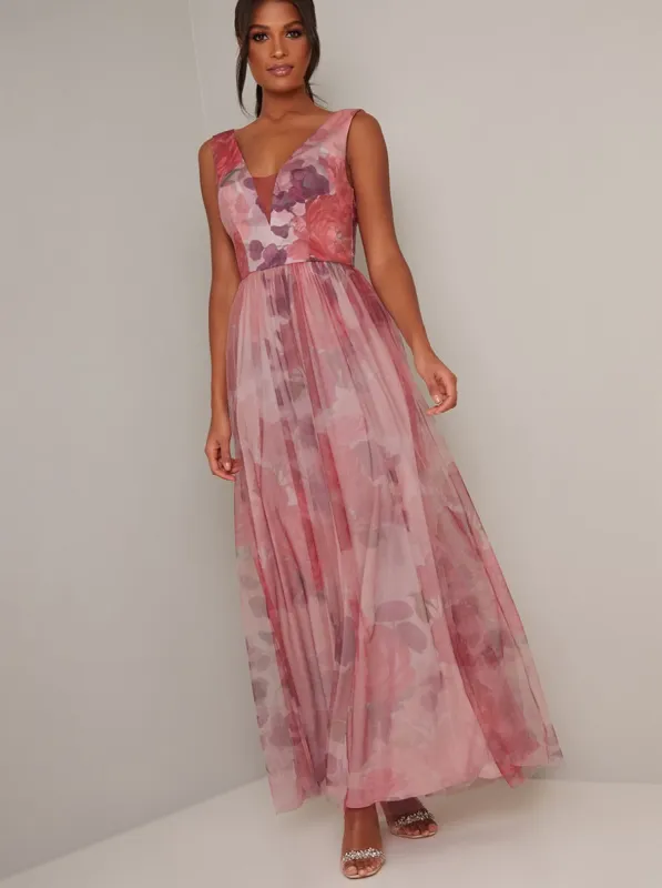 Floral Print V Neck Maxi Dress in Pink sold by Chi Chi London