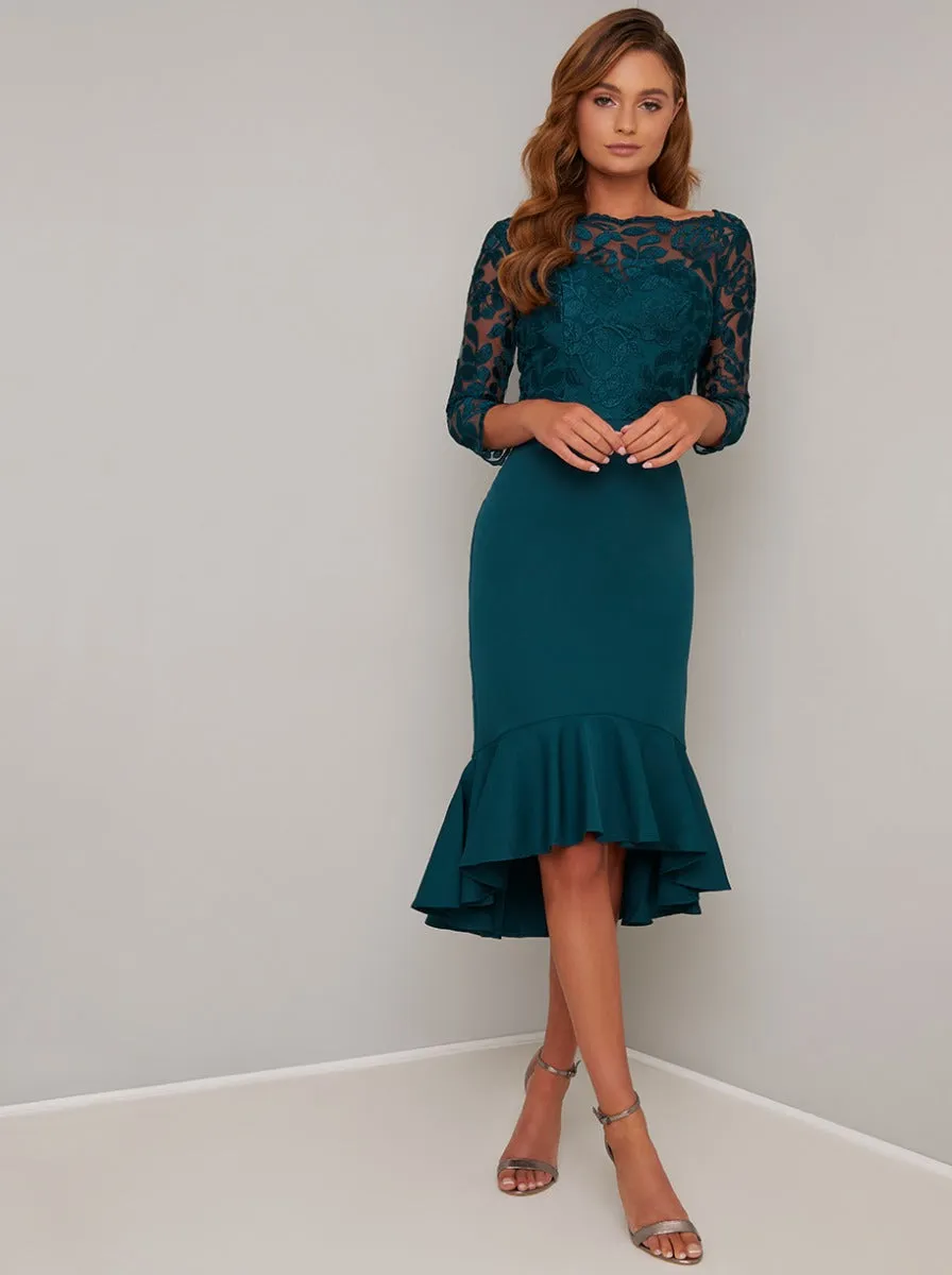 Bodycon Lace Bodice Peplum Hem Midi Dress in Green sold by Chi Chi London product image thumbnail 2