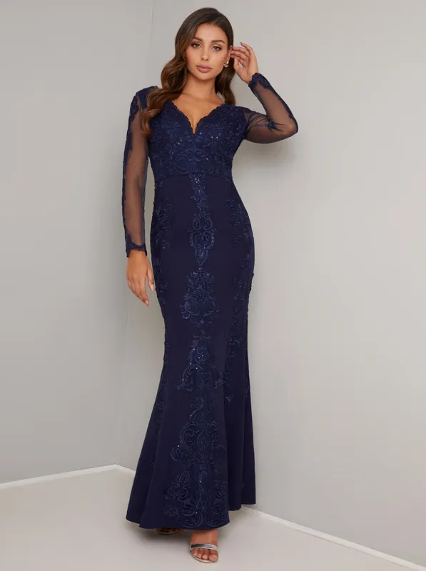 Embroidered Lace Sheer Sleeved Maxi Dress in Blue sold by Chi Chi London