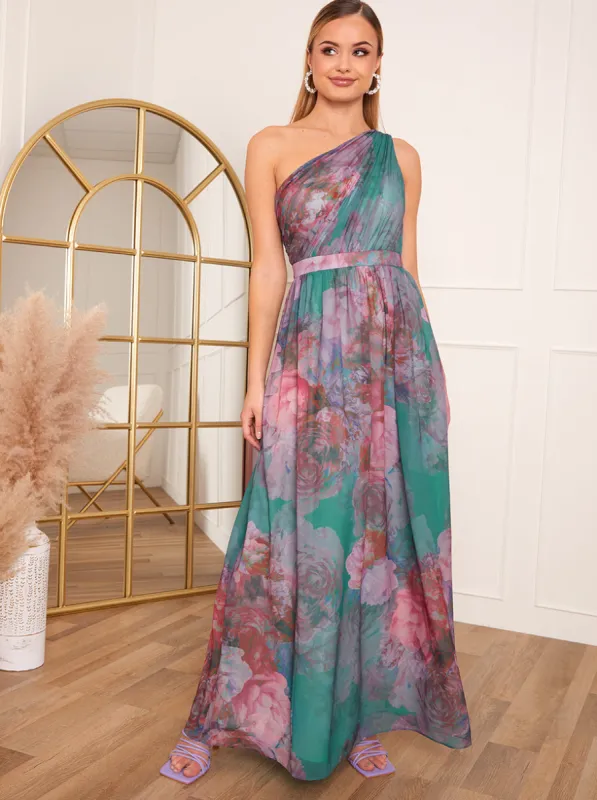 Petite One Shoulder Floral Print Maxi Dress in Green sold by Chi Chi London
