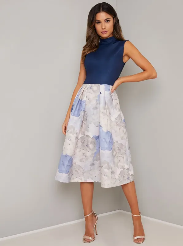 Floral Contrast Midi Dress in Blue sold by Chi Chi London
