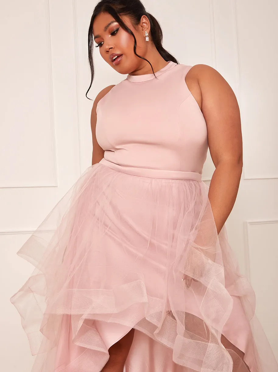 Plus Size Dip Hem High Neck Dress with Tulle Skirt in Pink sold by Chi Chi London product image thumbnail 3