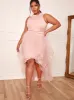 Plus Size Dip Hem High Neck Dress with Tulle Skirt in Pink sold by Chi Chi London