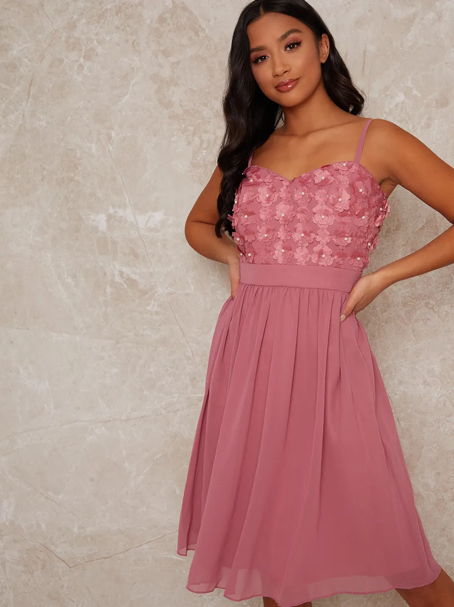 Petite 3D Floral Midi Dress in Pink sold by Chi Chi London