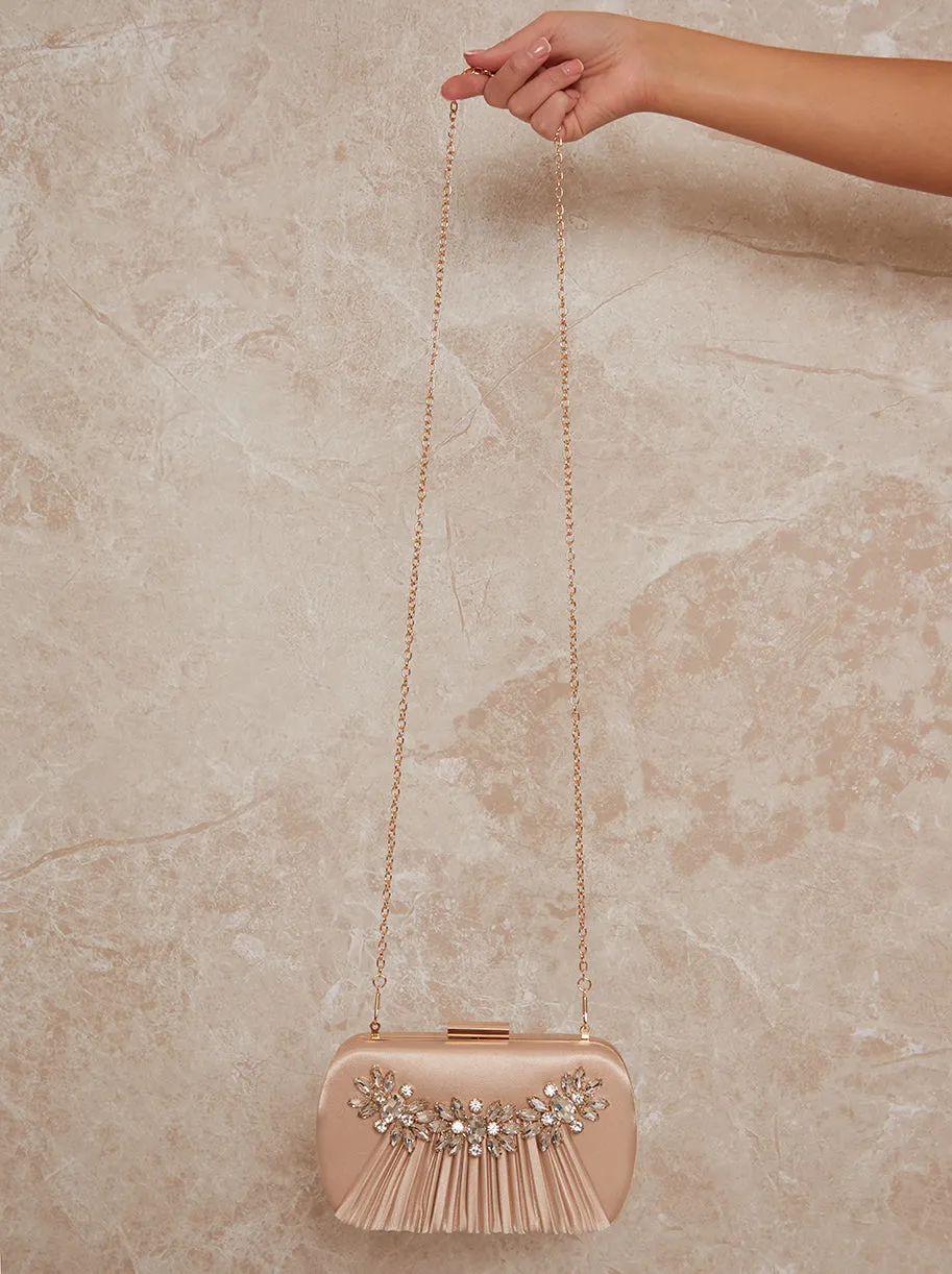 Embellished Pleated Satin Clutch Bag in Champagne sold by Chi Chi London product image thumbnail 2