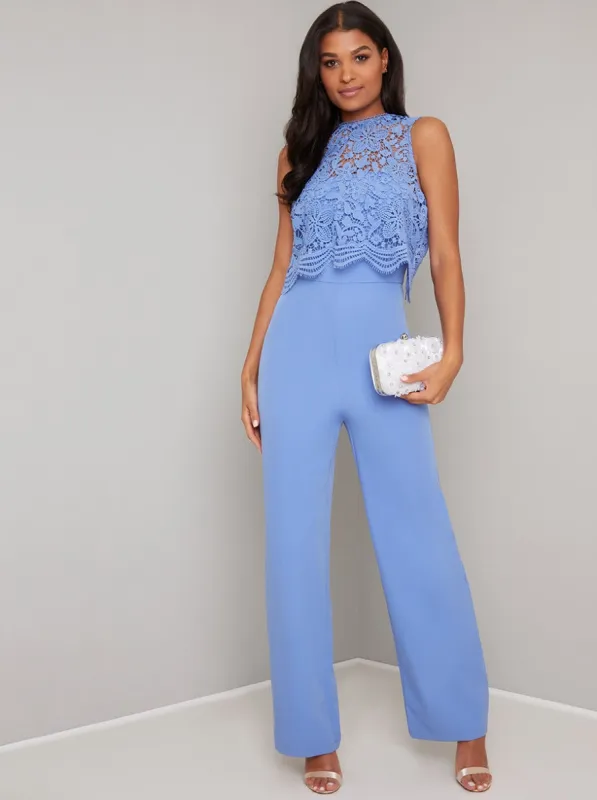 Crochet Overlay Flared Leg Jumpsuit in Blue sold by Chi Chi London