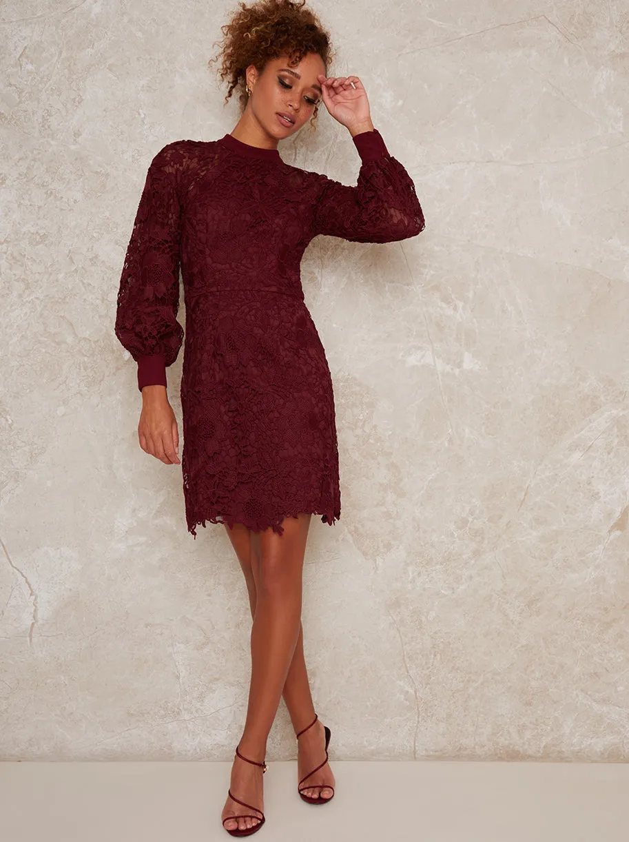 High Neck Long Sleeve Lace Crochet Mini Dress in Red sold by Chi Chi London
