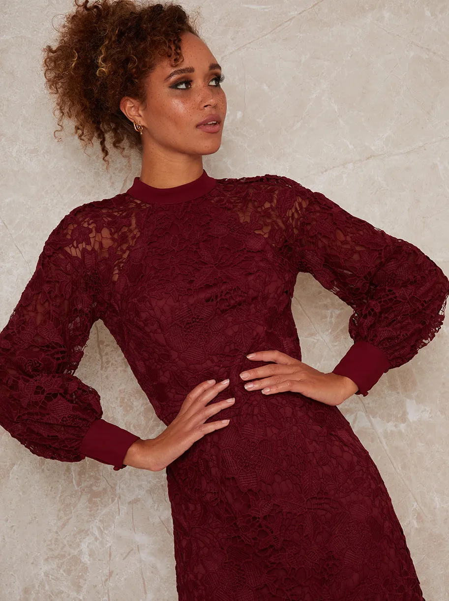 High Neck Long Sleeve Lace Crochet Mini Dress in Red sold by Chi Chi London product image thumbnail 2