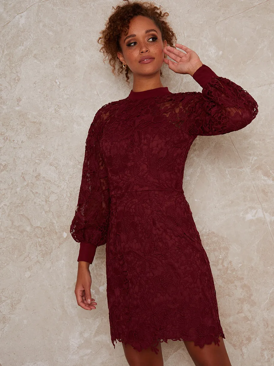 High Neck Long Sleeve Lace Crochet Mini Dress in Red sold by Chi Chi London product image thumbnail 3