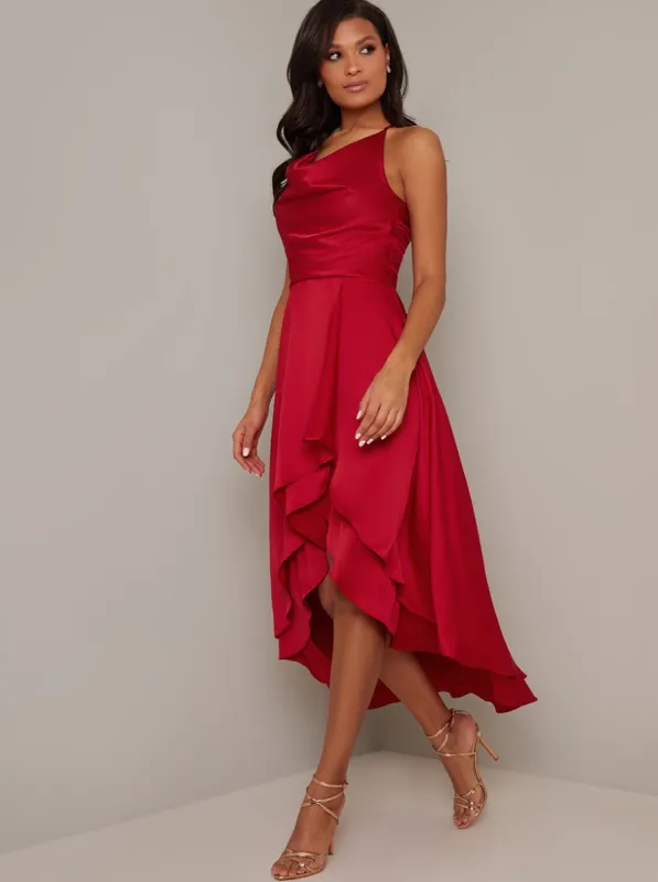 Halter Cowl Neck Tiered Silky Dip Hem Midi Dress in Red sold by Chi Chi London