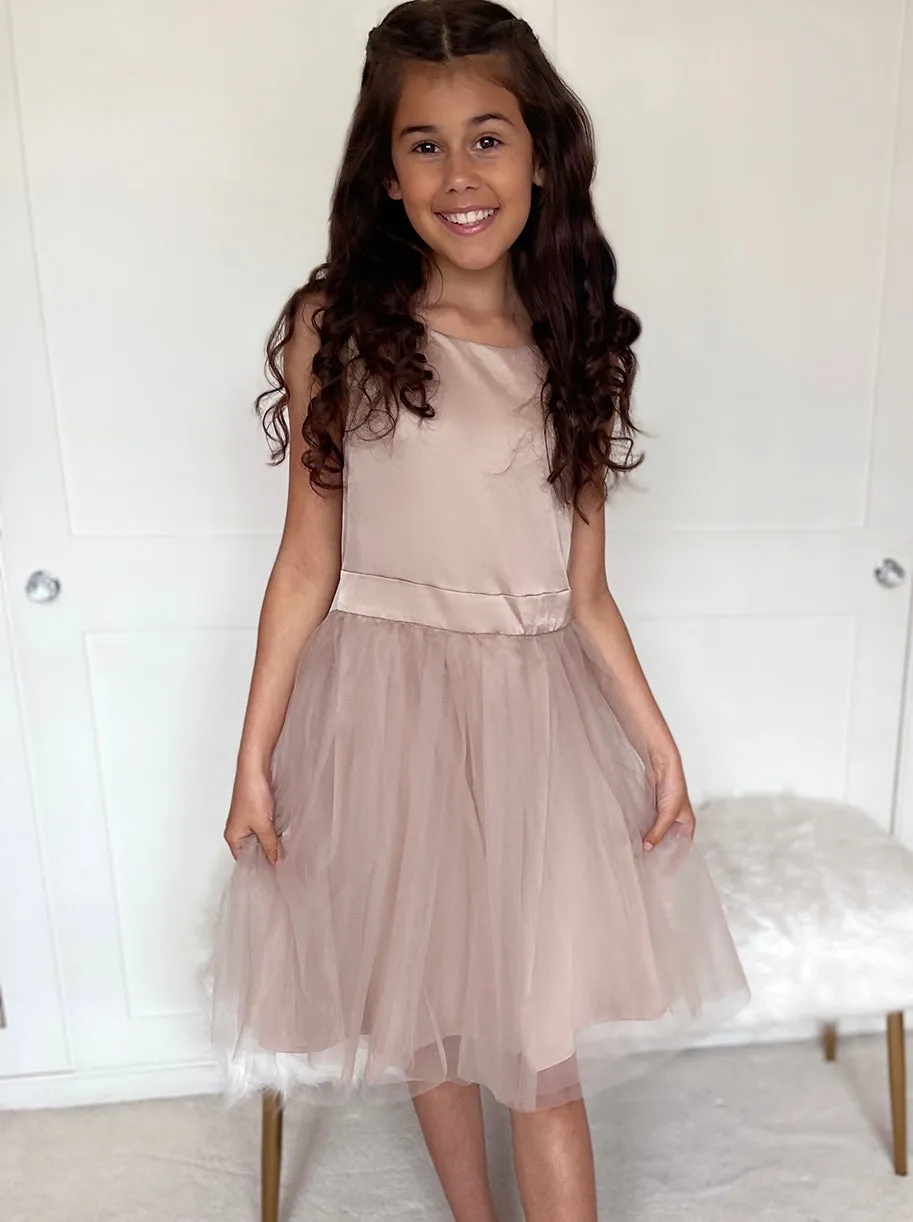 Older Girls Satin Bodice Tutu Midi Dress in Champagne sold by Chi Chi London