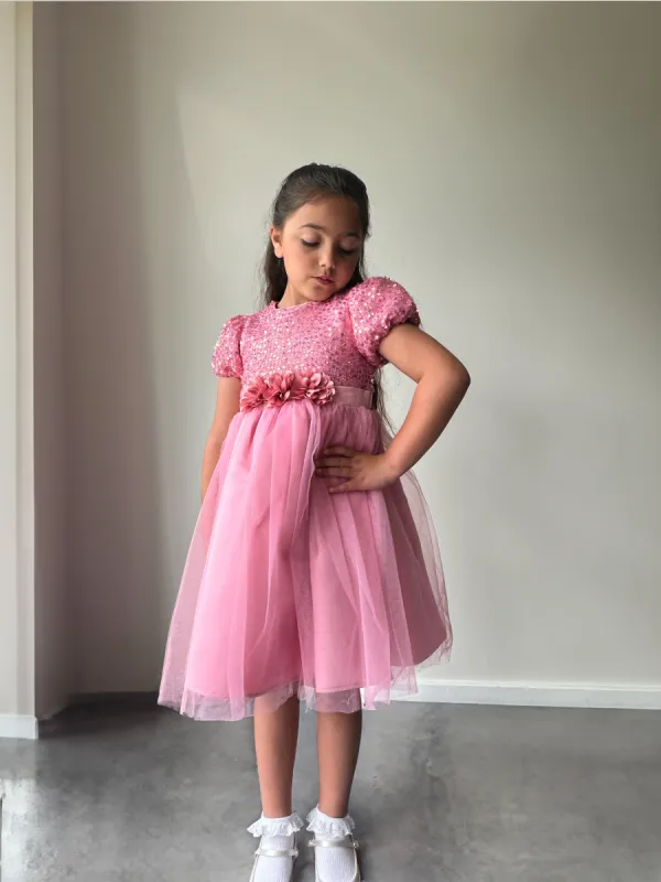 Girls Sequin Tulle Midi Dress in Pink sold by Chi Chi London