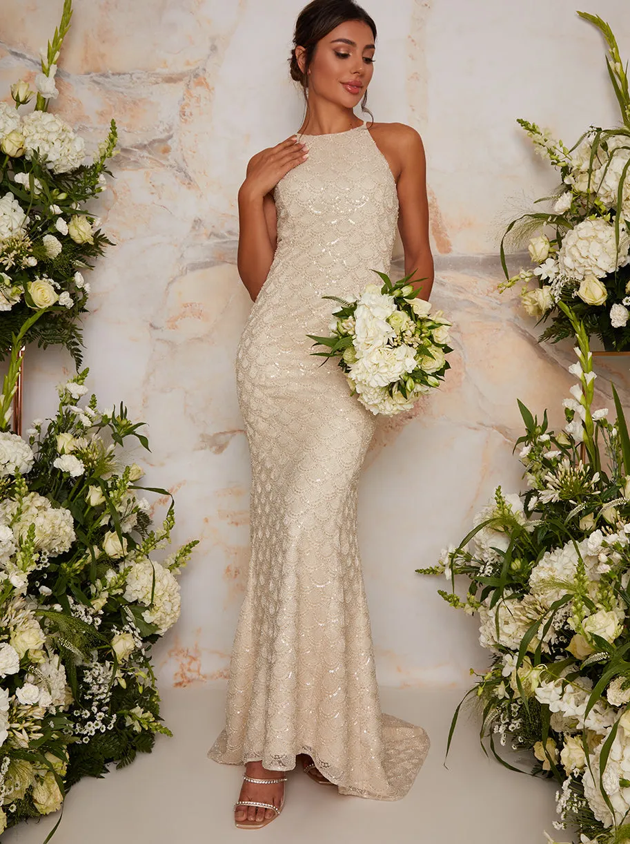 Bridal Halter Style Embellished Wedding Dress in Ivory sold by Chi Chi London