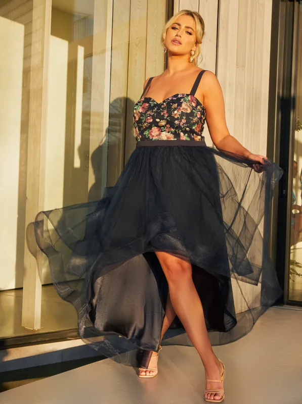 Plus Size Embroidered Mesh Skirt Dip Hem Dress in Navy sold by Chi Chi London