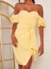 Puff Sleeve Bardot Tie Detail Midi Dress in Yellow sold by Chi Chi London