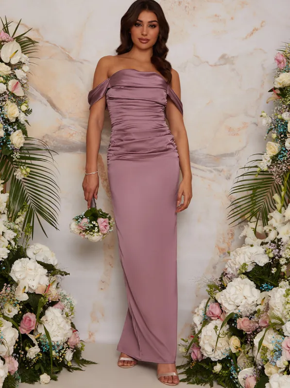 Bardot Ruched Satin Maxi Dress in Lilac sold by Chi Chi London