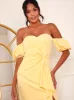 Puff Sleeve Bardot Tie Detail Midi Dress in Yellow sold by Chi Chi London