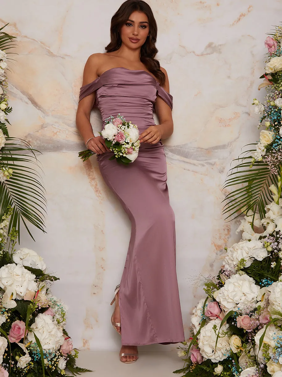 Bardot Ruched Satin Maxi Dress in Lilac sold by Chi Chi London product image thumbnail 4