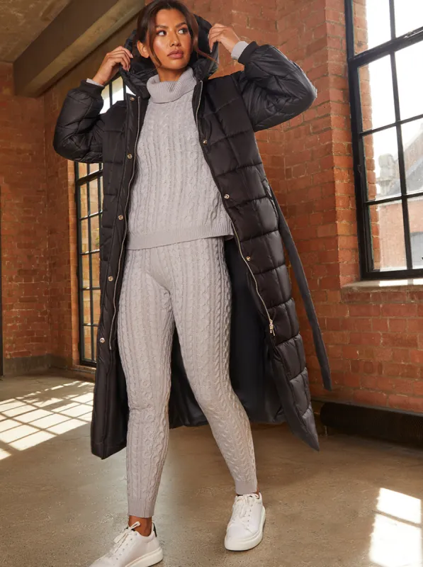 Check Padded Longline Belted Coat in Black sold by Chi Chi London