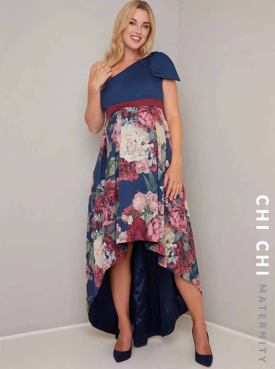 Maternity Printed Dip Hem Midi Dress in Blue sold by Chi Chi London