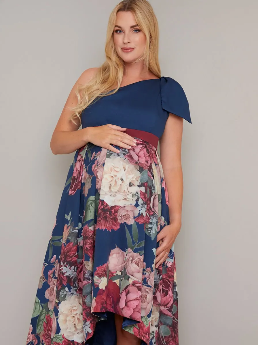 Maternity Printed Dip Hem Midi Dress in Blue sold by Chi Chi London product image thumbnail 2