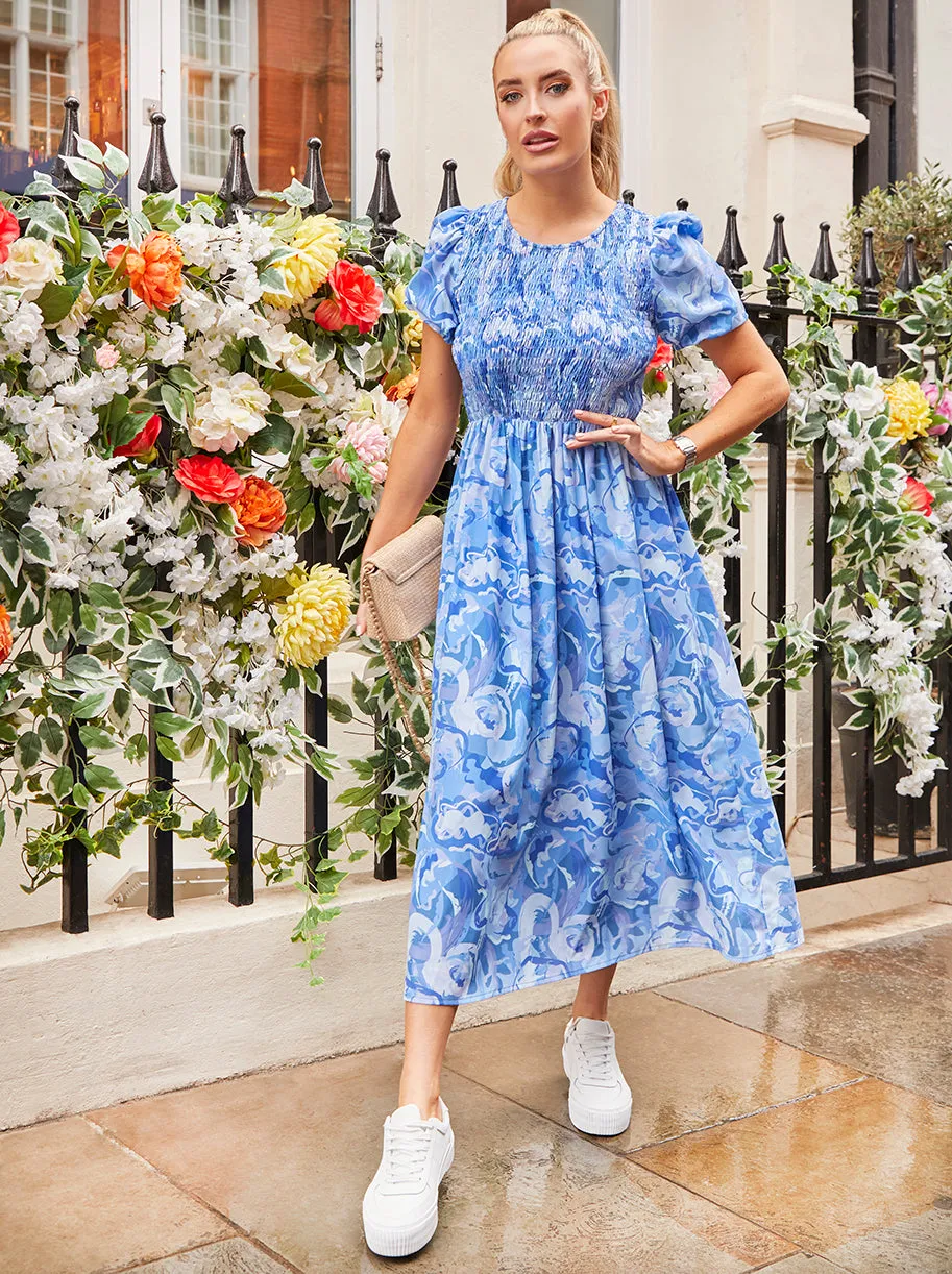 Puff Sleeve Swirl Print Midi Dress in Blue sold by Chi Chi London