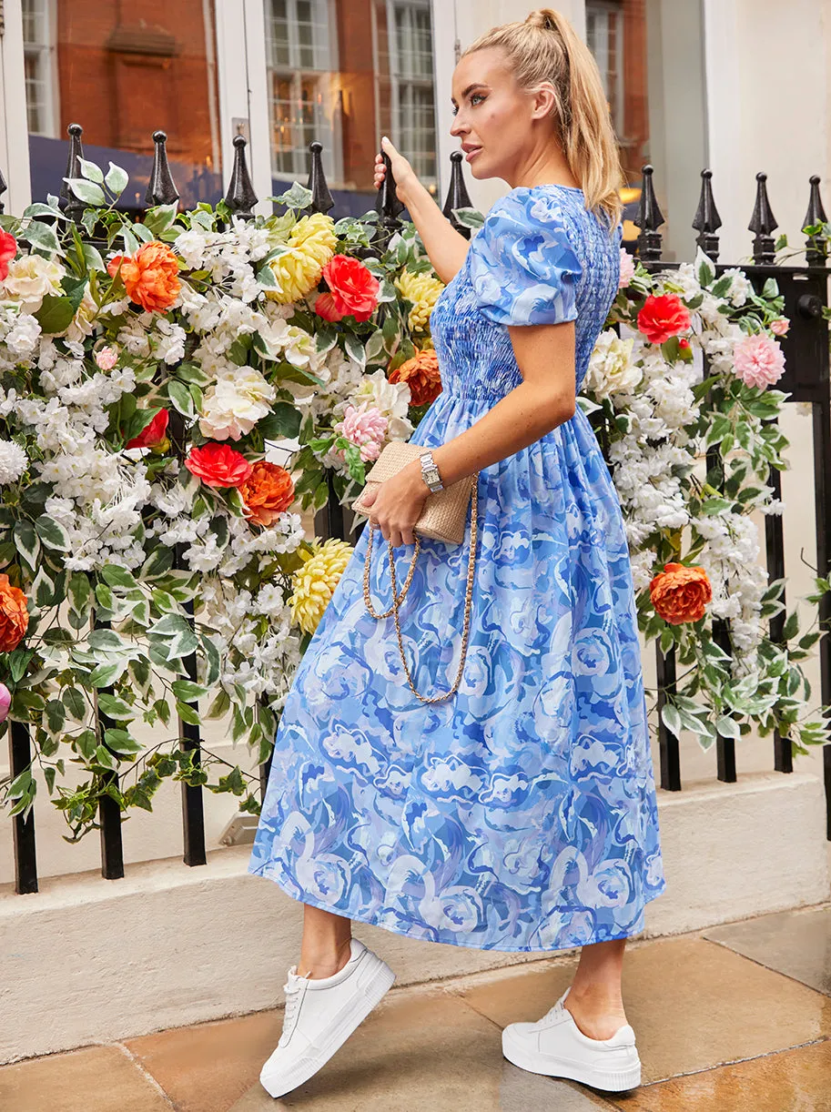 Puff Sleeve Swirl Print Midi Dress in Blue sold by Chi Chi London product image thumbnail 2