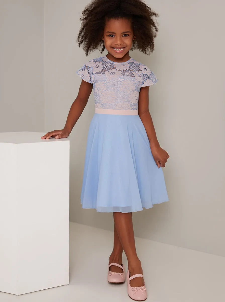 Girls Lace Bodice Skater Dress in Blue sold by Chi Chi London