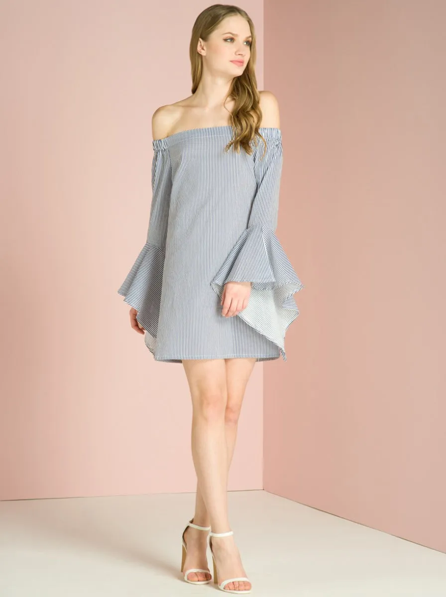 Bardot Flute Sleeve Mini Dress in Blue sold by Chi Chi London