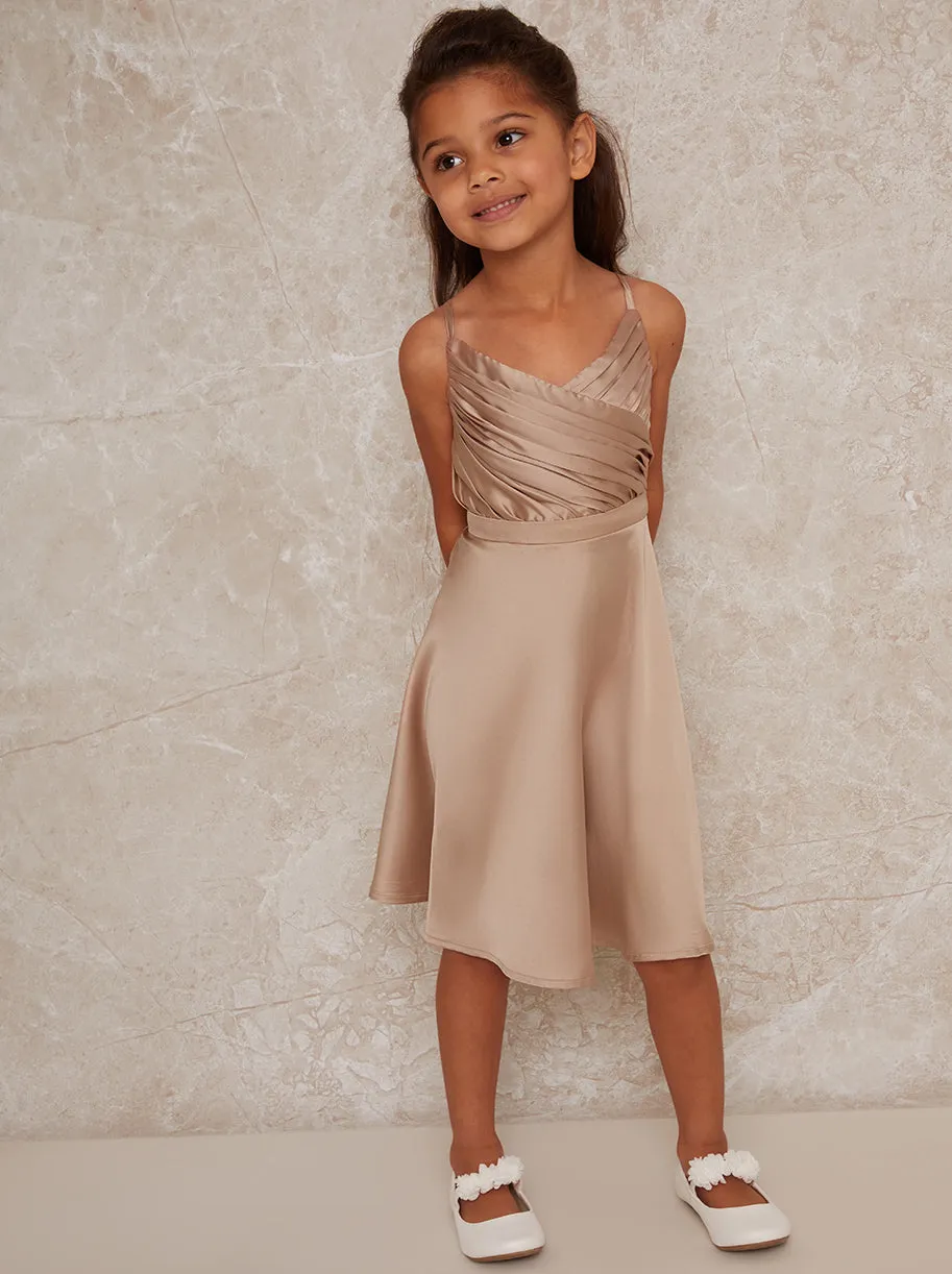 Girls Pleat Bodice Satin Finish Dress in Champagne sold by Chi Chi London product image thumbnail 2