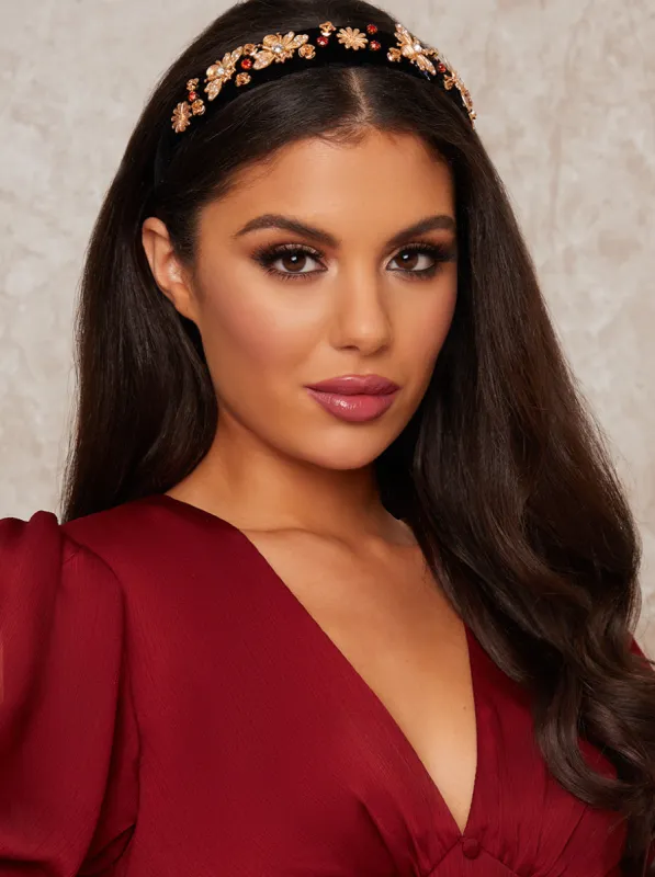 Velvet Headband with Gold Tone Embellishment in Black sold by Chi Chi London