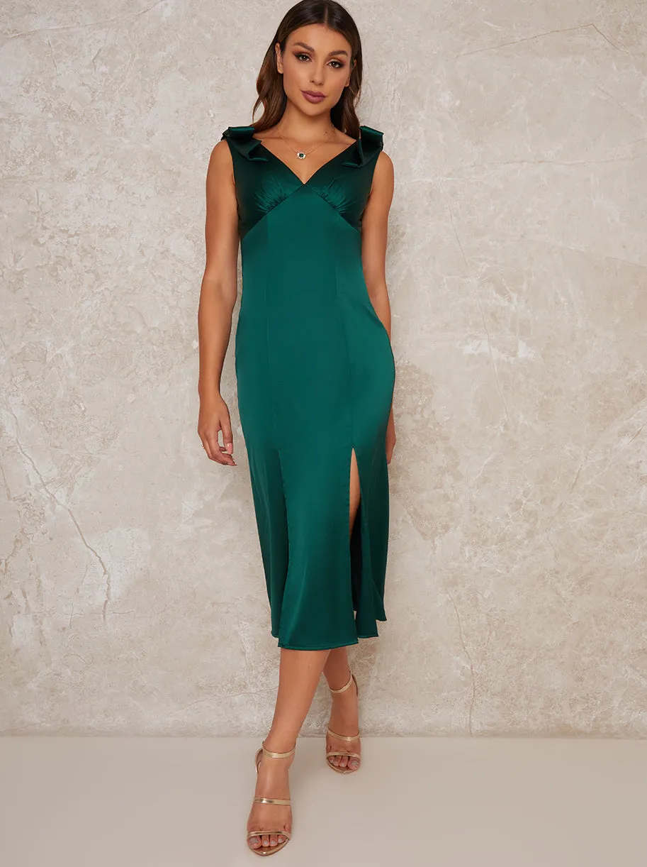 Satin Slip Bow Detail Midi Dress in Green sold by Chi Chi London